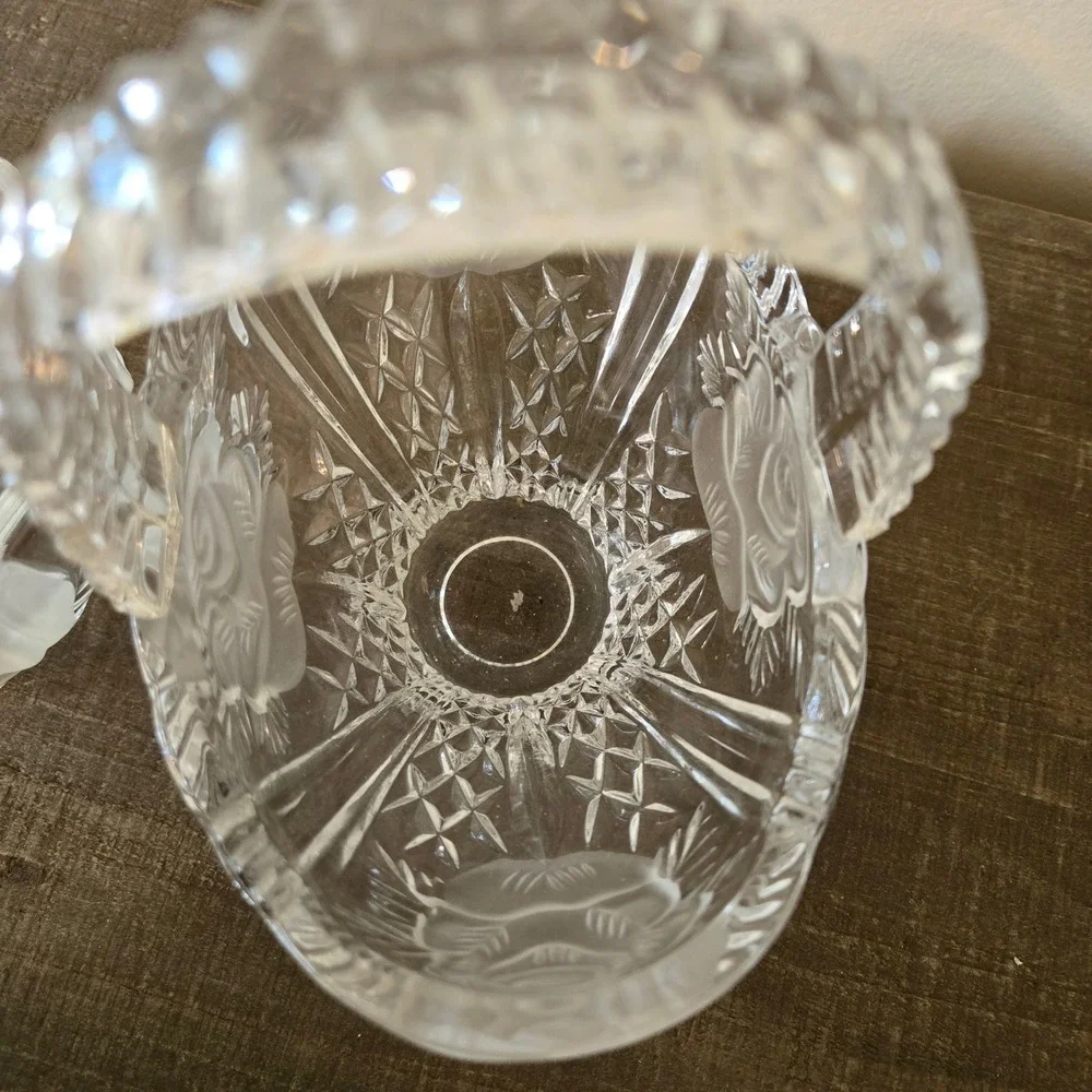 Vintage Frosted Glass Floral Basket and Tulip Bowl Set Clear Pressed Glass